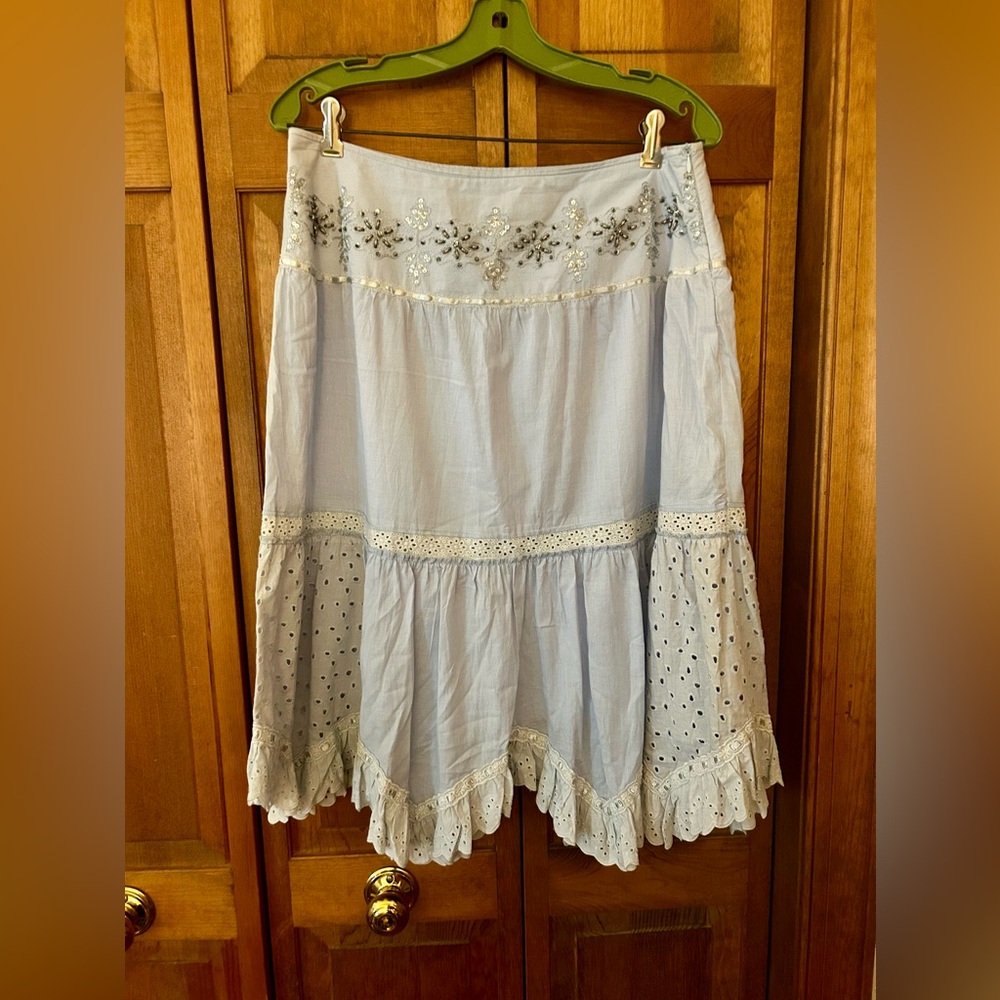 Embroidered Light Blue Maxi Skirt with Eyelet Trim